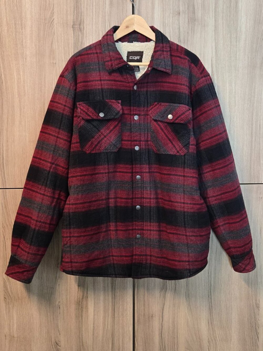 CQR Sherpa Lined Plaid Snap Button Shacket Mens Lumberjack Red Work Warm L